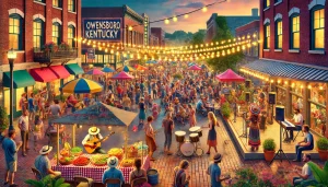 A vibrant festival in Owensboro, Kentucky, showcasing colorful food vendors, live music performances, and a bustling crowd under string lights.