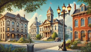 Historic downtown Owensboro, Kentucky, featuring Victorian homes, the iconic courthouse, cobblestone streets, and vintage-style streetlamps.