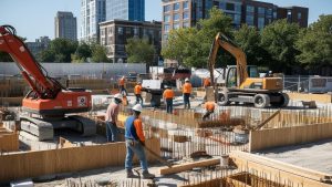 Construction site in Park Ridge, Illinois, featuring workers in safety gear and heavy machinery like excavators, reinforcing the importance of performance bonds in ensuring project success.