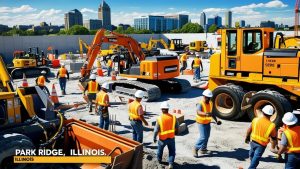 Active construction zone in Park Ridge, Illinois, with workers and machinery showcasing a vibrant industrial environment and the role of performance and payment bonds in large-scale projects.