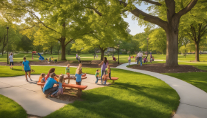 Park Ridge, Illinois, community park with families enjoying a sunny day, highlighting the balance between urban development and recreational spaces.