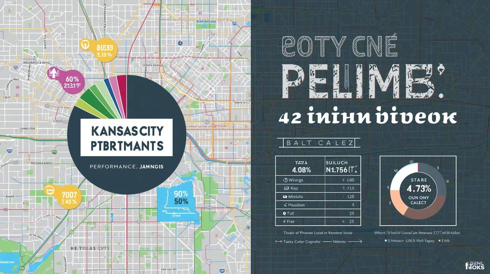 Map visualization highlighting Kansas City with a performance bond pie chart and key percentage breakdowns.