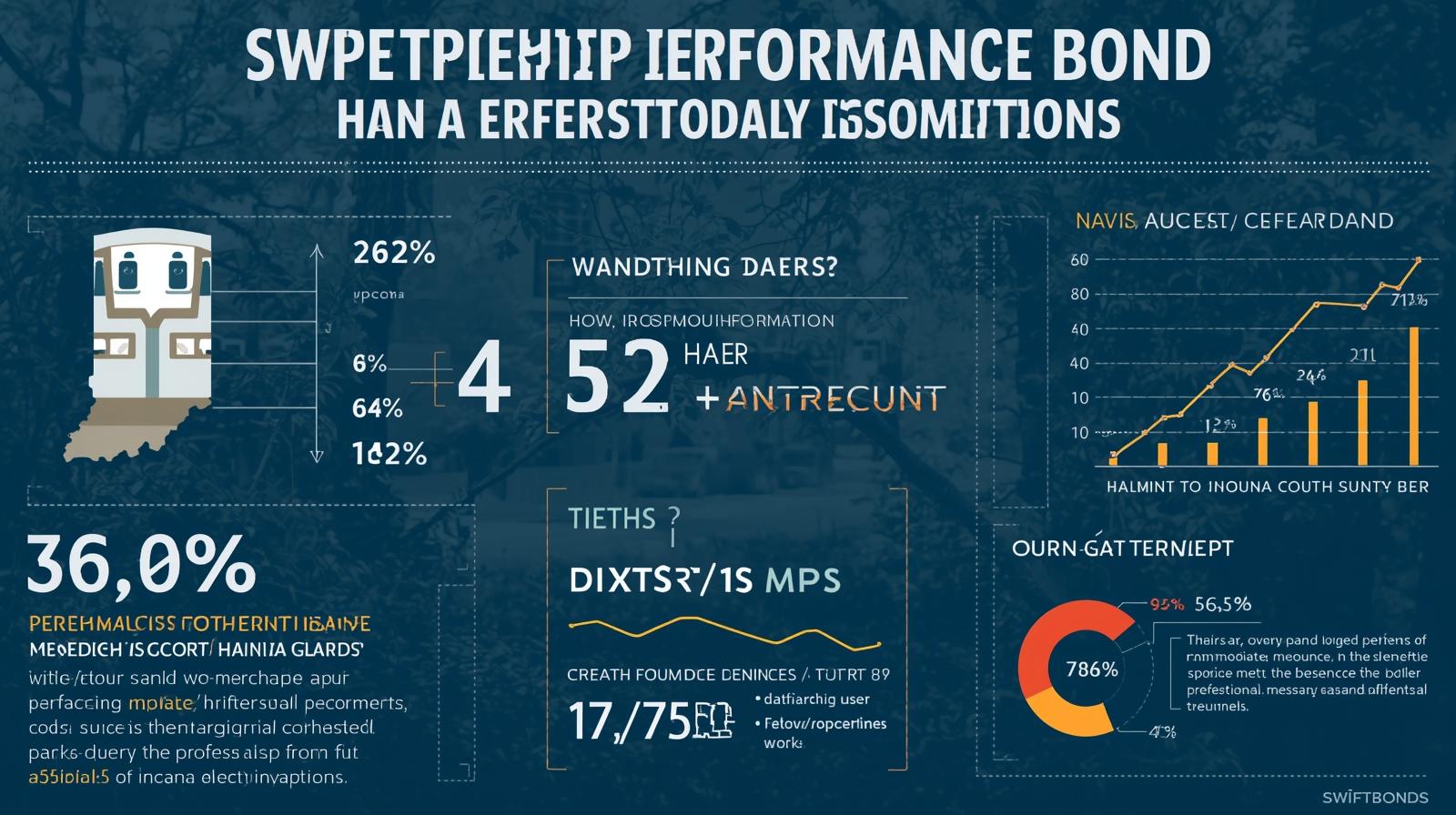 Dark-themed performance bond infographic with distorted/corrupted text, showing 36.0% and other financial metrics, charts, and an Indiana state outline graphic.