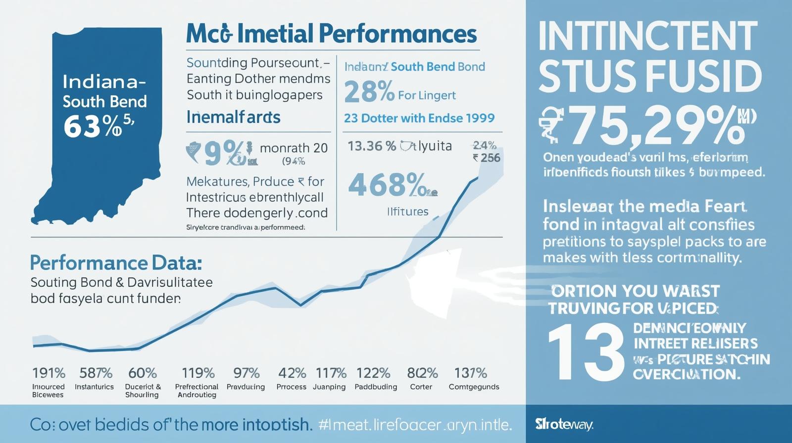 Infographic showing Indiana-South Bend's 63% performance with various financial metrics, charts, and garbled text overlays in blue and white design.