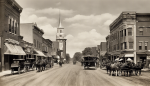 Historic downtown Plainfield, Illinois, featuring vintage buildings, horse-drawn carriages, and a church steeple under a partly cloudy sky.