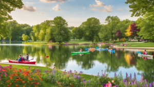 Picturesque park in Plainfield, Illinois, with people kayaking on a serene lake surrounded by lush greenery, colorful flowers, and a bright sky.