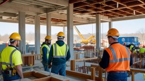 Construction professionals wearing safety gear, inspecting a commercial building project in Rockville, Maryland.