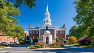 Historic courthouse in Rockville, Maryland, surrounded by trees and a well-maintained plaza on a sunny day.