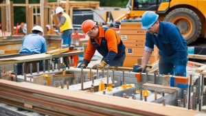 Construction workers in Rockville, Maryland, collaborating on-site to assemble building framework with precision.