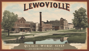 Vintage-style depiction of historic Romeoville, Illinois, showcasing old industrial buildings, a canal, and classic architecture from a bygone era.