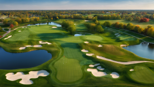 An aerial view of a beautifully landscaped golf course in Romeoville, Illinois, with lush green fairways, sand bunkers, and tranquil water features.