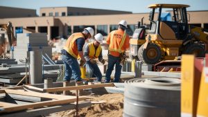 Construction workers in Sioux City, Iowa, collaborating on a building project site, wearing safety gear and surrounded by construction equipment and materials.