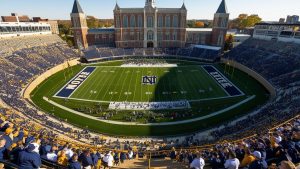 Notre Dame Stadium in South Bend, Indiana, filled with fans during a sunny day, showcasing the vibrant community and iconic architecture.