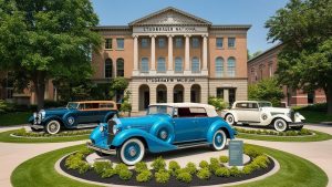 The Studebaker National Museum in South Bend, Indiana, featuring vintage cars on display in front of the historic building.