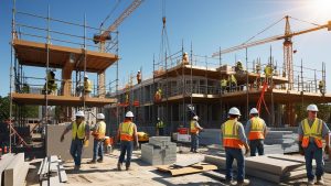Construction workers collaborating on a project in Tinley Park, Illinois, with cranes and scaffolding in the background.