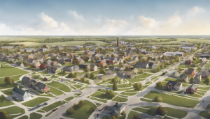 A picturesque aerial view of a suburban neighborhood in Urbandale, Iowa, showcasing green spaces, modern homes, and community planning.