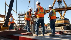 Construction team in orange safety vests working on-site with cranes and scaffolding in the background in Iowa.