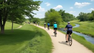 Cyclists riding along a scenic trail next to a stream in Waterloo, Iowa, surrounded by lush green trees and grass under a bright blue sky.