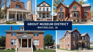 A collage showcasing historic buildings in the Grout Museum District, Waterloo, Iowa, including the Veterans Museum and other architectural landmarks.