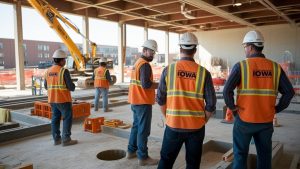 Construction workers in high-visibility vests and hard hats discussing a project inside a partially built structure in Iowa.