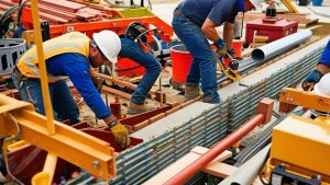 Skilled laborers working on a detailed construction project in West Des Moines, Iowa, highlighting local development and craftsmanship.