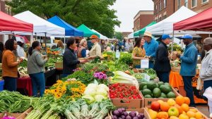 A bustling farmers market in West Des Moines, Iowa, featuring colorful fresh produce, local vendors, and a lively community atmosphere.