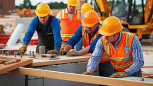 Construction workers collaborating on a project site in West Des Moines, Iowa, emphasizing teamwork and infrastructure development in the area.