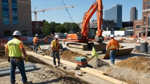 Construction workers at a busy job site in Wheeling, Illinois, operating heavy machinery and preparing the foundation for a large-scale project. A key example of projects requiring performance bonds and payment bonds.