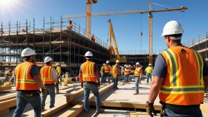 Team of construction workers in Wheeling, Illinois, assembling scaffolding and managing materials on a high-rise development project secured by performance bonds.