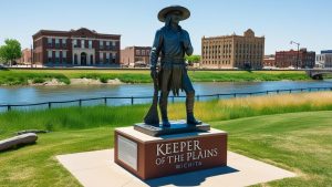 The Keeper of the Plains statue in Wichita, Kansas, surrounded by a manicured park with the Arkansas River and historic buildings in the background.