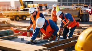 Construction workers in safety gear actively working on a construction site in Wichita, Kansas, highlighting teamwork and infrastructure development.