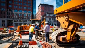 Downtown Baltimore construction site with workers, modern buildings, and heavy machinery showcasing urban development in Maryland.