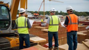 Construction supervisors reviewing project plans at a site in Cedar Falls, Iowa, surrounded by equipment and materials for large-scale development.