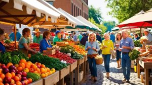 A lively outdoor farmers' market in Cedar Rapids, Iowa, with colorful fresh produce, friendly vendors, and smiling shoppers enjoying the vibrant atmosphere under canopy tents.
