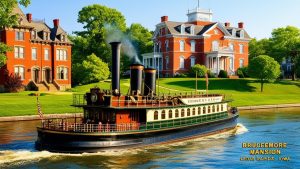 A stunning view of the historic Brucemore Mansion in Cedar Rapids, Iowa, with a classic steamboat cruising along the river in front of the beautifully landscaped property.