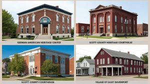 A collage of four historic landmarks in Davenport, Iowa: German American Heritage Center, Scott County Heritage Courthouse, Scott County Courthouse, and the Village of East Davenport. The image captures the rich cultural and architectural heritage of the city.