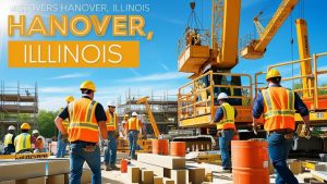 Construction workers in safety vests and helmets at a bustling construction site in Hanover Park, Illinois, featuring cranes and scaffolding under a bright blue sky.