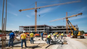 Construction workers on-site in Noblesville, Indiana, with cranes and equipment building a modern structure under a clear blue sky.