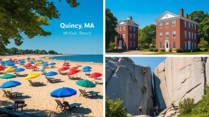 Colorful umbrellas on Wollaston Beach in Quincy, MA, alongside historic brick buildings and rock climbers scaling rugged cliffs, showcasing outdoor and cultural attractions in the city.