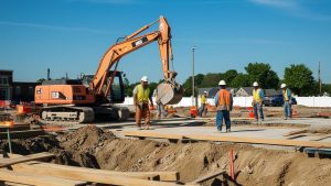 Construction workers at a building site in Romeoville, Illinois, operating heavy machinery and preparing the foundation for a new development project.