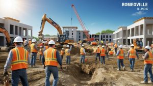 A large-scale construction project in Romeoville, Illinois, featuring workers in safety vests, excavators, cranes, and unfinished buildings under a bright sky.