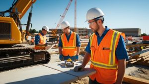 Construction workers wearing safety gear at an active site in Shawnee, Kansas, representing the city’s growth and commitment to infrastructure development.