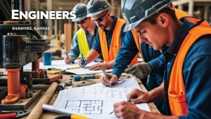 A team of engineers collaborating on construction blueprints at a site in Shawnee, Kansas, symbolizing innovation and teamwork in the local construction industry.