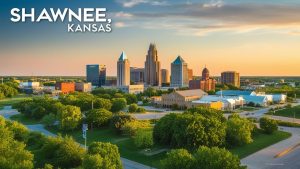 A scenic view of Shawnee, Kansas, featuring its iconic downtown skyline during the day, surrounded by lush greenery and urban landmarks.