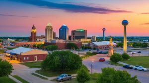 The Shawnee, Kansas skyline illuminated by a vibrant sunset, showcasing the city's architectural highlights and peaceful urban atmosphere.