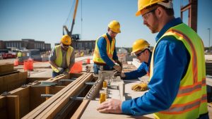 Construction workers in Topeka, Kansas, collaborating on a building project, wearing safety gear with machinery and materials in the background.
