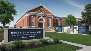 Brown v. Board of Education National Historic Site in Topeka, Kansas, highlighting the historic Monroe Elementary School and outdoor educational displays.