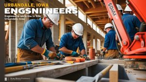 Engineers at work on a construction site in Urbandale, Iowa, highlighting technical expertise and industrial progress in a modern urban setting.