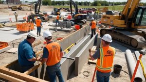 Construction workers in Urbandale, Iowa, collaborating on a development project with heavy equipment in the background, showcasing teamwork and infrastructure growth.