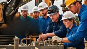 A group of skilled construction workers in safety gear collaborating on a job site. The team is engaged in a hands-on project, showcasing precision, teamwork, and dedication to craftsmanship in the construction industry.